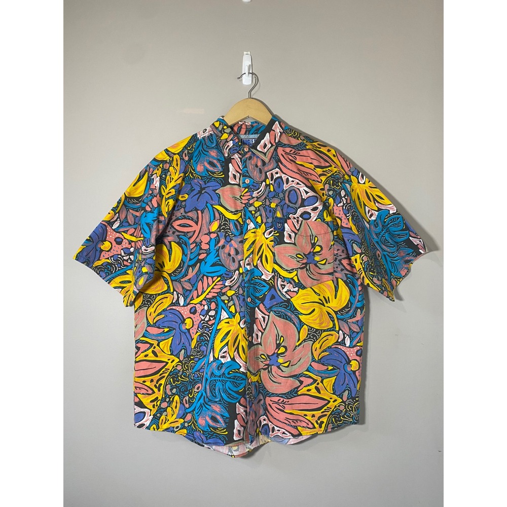 Vintage Bugle Boy Street Vision Mens Medium Abstract Tropical Floral Shirt 90s